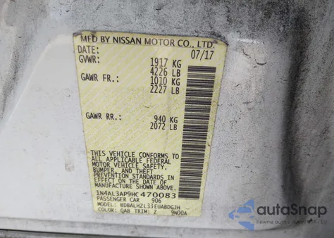 2017 Nissan Altima 2.5 Sr z USA, uszkodzony, nr VIN 1N4AL3AP9HC470083